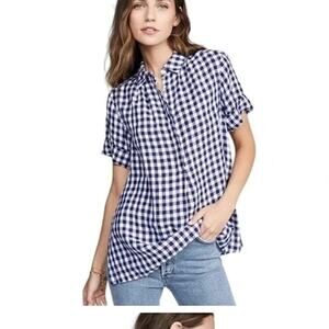 AYR Top Womens Small The Burst Linen Gingham Navy Blue White Check Blouse